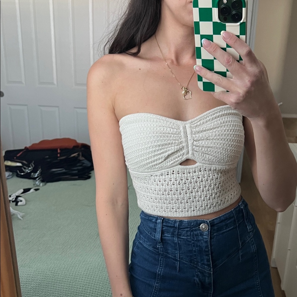 American Eagle Outfitters White Strapless Crochet Crop Top